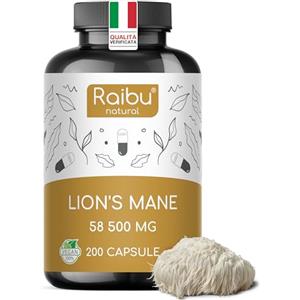 RAIBU Lions Mane 58.500mg (Estratto 30:1) ad Alto Dosaggio - Hericium Erinaceus con Pepe Nero e Vitamina C - 30% Polisaccaridi, 5% Beta-Glucani - Criniera di Leone, Testato in Laboratorio - Raibu