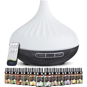 AESHORY Diffusore di Oli Essenziali 500 Ml, Profumatore per Ambienti con Oli Essenziali 12 X 5 Ml, Ultrasuoni Umidificatore Ambiente per Aromaterapia Elettrico con Telecomando, 4 Timer e 7 Colori LED