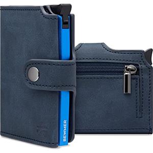 BEWMER v2 Portafoglio Uomo Slim In Similpelle Con Protezione RFID Anticlonazione - Porta Carte Di Credito Uomo E Donna Per 9 Tessere, Con Portamonete - Porta Tessere, Blu Scuro Blu