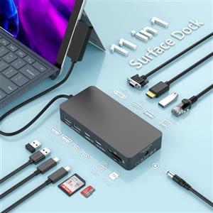 ROCKETEK 11 in 1 Microsoft Surface Dock, Surface Pro Docking Station HDMI+VGA Docking Station Triple 4K Display Studio Accessori per Surface Pro 11/10/9/8/X/7/6/5/4/3,Laptop 7/6/5/4/3/2/1,Book Laptop Go3/2/1