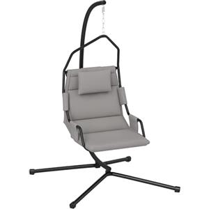 Outsunny Poltrona Sospesa da Giardino Imbottita con Cuscino Poggiatesta, Gancio e Catena, Sedia Sospesa da Esterno in Acciaio e Poliestere, 118x98x192 cm, Grigio e Nero