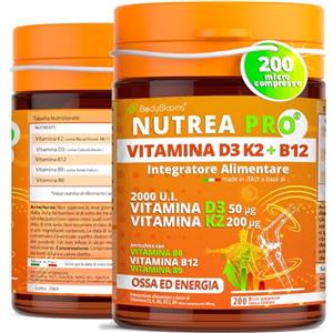 Bodyblooms Vitamina d3 k2 2000UI - 200 Micro Compresse vit d3 k2 Arricchite con B12 e Acido folico. Supporto completo per ossa, muscoli ed energia - Integratore di Vitamina D senza glutine. Made in Italy