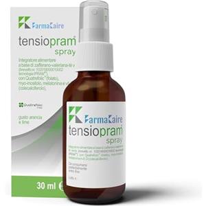 carepharm Tensiopram Spray con Valeriana, 1mg Melatonina per dormire meglio, tè verde, zafferano Vit. D, Quatrefolic®, per Ansia, Stress e Umore, Aroma Arancia, Vegan- 1 Flacone da 30 ml