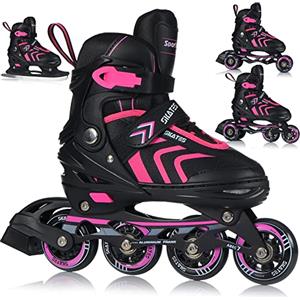 SPORTRIKE Pattini in linea 4 in 1, pattini in linea regolabili, per bambini e adulti, cuscinetti ABEC7, taglie 29-43 (S (29-33)