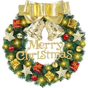 GLOSKIN Ghirlanda Natalizia 30CMGhirlanda Natalizia Per Porta Dotata di1Fiocco Dorato2Campanelli Dorati4luminose Stelle a Cinque Punte e 30 luci LED Bianche CaldeDecorazione Corona Natalizia Per Porta