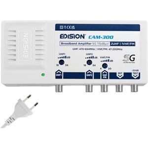 EDISION CAM-300 Amplificatore Antenna TV, Centrale Banda Larga, 2UHF, 1VHF/FM, 18-34db Regolabile, 115dBmV, per Digitale Terrestre DVB-T/T2, con filtro 5G LTE, UHF 470-694Mhz, VHF/FM 47-230MHz