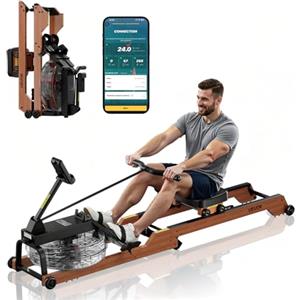 VEVOR Vogatore per Casa Vogatore ad Acqua Resistenza Silenziosa a 6 Livelli Vogatore Pieghevole in Legno con Serbatoio Acqua Carico158 kg, Compatibile con App Bluetooth per la Casa, 4 Ruote