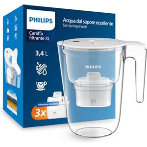 Philips Water XL Filtro caraffa + 3 cartucce filtranti di ricambio, Filtrazione Avanzata, flusso rapido, timer elettronico, filtra CLORO, CALCARE, METALLI PESANTI e MICROPLASTICHE, BIANCO, 3.4 litri