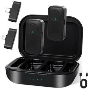 VINATO Microfono Lavalier Wireless (2 TX + 2 RX + custodia di ricarica) Mini Microfono Lavalier Compatibile con iPhone/Android/iPad Microfoni Wireless Professionali per Video Intervista