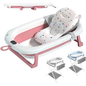 JUPPLIES Vaschetta Bagnetto Neonato Pieghevole con Cuscino Ergonomico e Termometro Digitale - Vasca Bagnetto Neonato Salvaspazio Antiscivolo - Facile da Riporre (75x45x20 cm - Rosa)