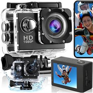 Retoo Action Cam HD, Fotocamera Sportiva, Subacquea, Impermeabile Videocamera, Grandangolare, Stabilizzatore d'immagine, Batterie 400 mAh, 1080p, Nero