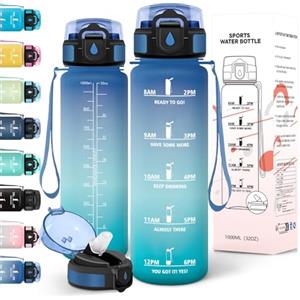 Motswedi Borraccia 1 litro, a Prova di Perdite, Borraccia Palestra, senza BPA, Borracce con Cannuccia, Con 2 Tappi, Bottiglia Acqua, Borracce 1 litro, Per Scuola, Ufficio, Sport, Blu Verde