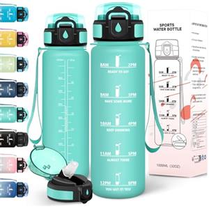 Motswedi Borraccia 1 litro, a Prova di Perdite, Borraccia Palestra, senza BPA, Borracce con Cannuccia, Con 2 Tappi, Bottiglia Acqua, Borracce 1 litro, Per Scuola, Ufficio, Sport, Blu Verde-3245C