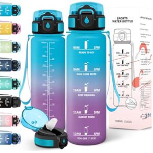 Motswedi Borraccia 1 litro, a Prova di Perdite, Borraccia Palestra, senza BPA, Borracce con Cannuccia, Con 2 Tappi, Bottiglia Acqua, Borracce 1 litro, Per Scuola, Ufficio, Sport, Blu Viola