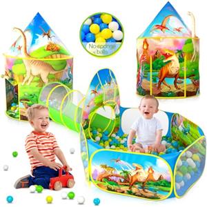 Wilwolfer Tenda Gioco Pop-up + Tunnel Gioco + Piscina di Palline per Bambini - 3-in-1 Casetta per Neonati Bambine Bambini - Grande Casetta Giardino Interni ed Esterni (Tenda Dinosauro)