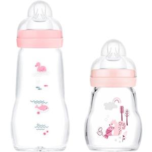 MAM Feel Good Set di 2 biberon in vetro (170 ml e 260 ml), con 1 tettarella a flusso lento per neonato, rosa