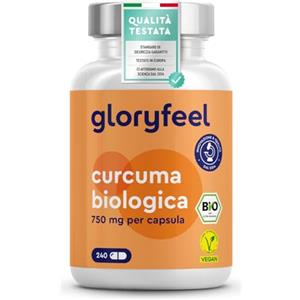 Gloryfeel Curcuma Bio, Integratore Curcuma & Piperina Plus, 4500mg di bio curcuma per dose, 240 Capsule, Curcumina con Pepe Nero, Per Dolori Muscolari & Mestruazioni, Curcumina Pura, Alto Dosaggio, Vegano