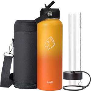 BUZIO Borsa termica, borraccia acciaio inox tripla parete sottovuoto, 2 coperchi, 48h freddo/24h caldo, senza piombo e BPA, tappo a cannuccia, borraccia sportiva, Giallo-Arancione