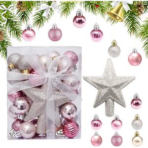Druuzyl Palline di Natale 30 Pz Mini Palline Albero Natale Φ3cm Piccole Palle Natalizie con Stella Decorazioni per Albero di Natale Addobbi Natalizi per Alberi da Tavolo Palle di Natale in Plastica, Oro Rosa