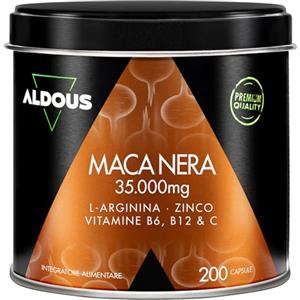 Aldous Bio Maca Peruviana Nera Complex 35.000 mg - Estratto Alta Qualità 20:1-200 Capsule Maca Nera - Energia, Vitalità - Arginina, Zinco, Vitamine B6, B12, C - Vegan - ALDOUS