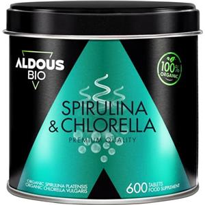 Aldous Bio Spirulina e Clorella Bio 1800mg - 600 Compresse - Alga Spirulina + Alga Clorella - Detox, Energia, Immunità, Sazietà - Proteine Vegetali, Clorofilla, Vitamine - Vegan, Senza Additivi - ALDOUS