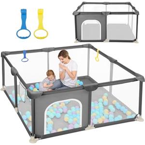 Dripex Box Bambini 124x124 cm, Recinto per Bambini, Box Neonato, Recinto Neonato con Rete Traspirante, Tessuto 210D Oxford, 2 Pezzi Anelli, Grigio scuro