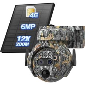 SHIWOJIA 12X Zoom 4G Telecamera SIM Esterno, 6MP 360° PTZ Fotocamera da Caccia Camuffare 4G LET Solare, Rilevamento PIR, Notturno Colore, Audio Bidirezionale