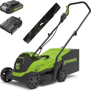 Greenworks 24V Tagliaerba a Batteria con Motore Brushless, Ampiezza di Taglio 33cm, Sacca da 30L CON Batteria da 24V 2Ah & Caricabatterie-GD24LM33K2 + Greenworks ALM-33BL-GW Lama di Ricambio da 33 cm