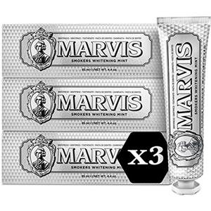 Marvis Smokers Whitening Mint Dentifricio, 3 × 85 ml, Dentifricio sbiancante favorisce uno sbiancamento naturale dei denti, dentifricio rimuove la placca e dona freschezza duratura