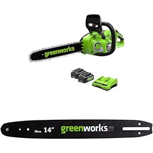 Greenworks 48V(2x24V) Motosega a Batteria con Motore Brushless, con due 4Ah e Caricabatterie Gemello + Greenworks 35cm Barra