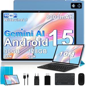 Biegedy 2026 ultimo Tablet 10 Pollici Android 15 Con 5G WiFi Octa-Core 2.0GHz, Gemini AI tablet, 30GB RAM+128GB ROM, 8000mAh, GPS, BT5, OTG, Widevine L1 - tablet in offerta con Tastiera, Mouse, Custodia - blu