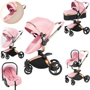 Sianldcone Pelle PU Passeggino 3 in 1 Trio Neonati, 360° Sedile Girevole Carrozzina per Neonato, Visione Aperta Passegginos Trolley, Spinta Bidirezionale Passeggino Reversibile (906 Pink)