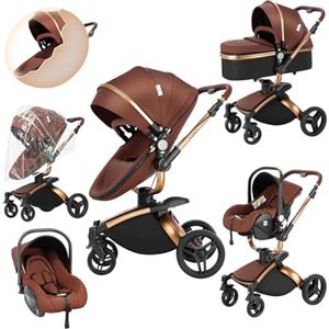Sianldcone Pelle PU Passeggino 3 in 1 Trio Neonati, 360° Sedile Girevole Carrozzina per Neonato, Spinta Bidirezionale Passeggino Reversibile, Visione Aperta Passeggino Trolley (906 Brown)