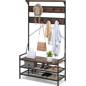 HOMASIS 4 in 1 Stand Appendiabiti con Scarpiera, Appendiabiti Ingresso con 11 Ganci e 3 Scaffali, Struttura in Metallo, Guardaroba a Giorno con Panca per Scarpe, 102 x 40 x 184 cm (Marrone)