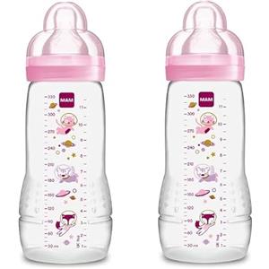 MAM Biberon Easy Active Baby Bottle 330 ml (Set da 2), Kit da 2 biberon MAM per bambini attivi ergonomici e pratici, Accessori neonato 4+ mesi allattamento con tettarella misura 3, Rosa assortito