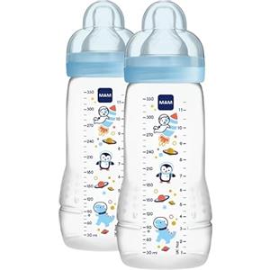 MAM Biberon Easy Active Baby Bottle 330 ml, Kit da 2 per bambini attivi ergonomici e pratici, Accessori neonato 4+ mesi allattamento con tettarella misura 3, Azzurro assortito, Versione attuale