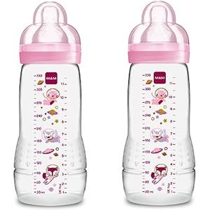 MAM Biberon Easy Active Baby Bottle 330 ml (Set da 2), Kit da 2 biberon MAM per bambini attivi ergonomici e pratici, Accessori neonato 4+ mesi allattamento con tettarella misura 3, Rosa assortito