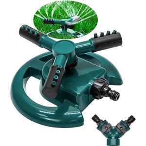 Green Haven Irrigatore con rotazione a 360° per tubo da giardino, irrigatore automatico di alta qualità con 3 bracci, grande copertura irrigatori d'acqua per prati, blu verde
