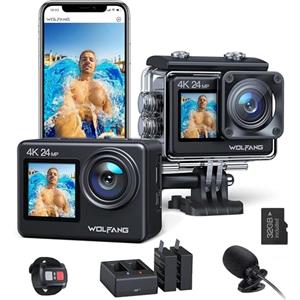 WOLFANG Dual Screen Action Cam GA200 4K 24MP WiFi EIS Anti-Shock Fotocamera 40M Subacquea Videocamera, Telecomando 2.4G, Caricabatterie, Batterie 2x1050mAh e Accessori