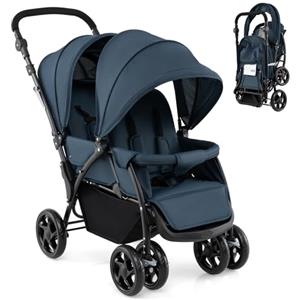 GYMAX Passeggino Gemellare Doppio/Fratelli di Età Diverse, Pieghevole Leggero, Tendalino/Schienale Regolabili, Portata di 15kg+15kg (Verticale, Blu)