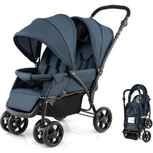 RELAX4LIFE Passeggino Pieghevole Gemellare con Ruote Universali, 2 Cintura di Sicurezza a 5 Punti, 2 Tettoie Regolabili, Maniglia Regolabile per Neonati 0-36 Mesi (blu)