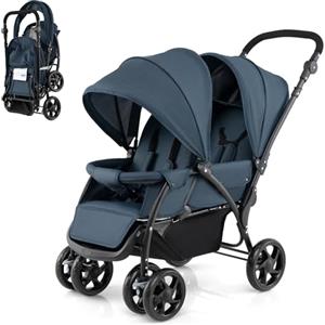 COSTWAY Passeggino Doppio Pieghevole per Bambini, Passeggino Gemellare Pieghevole, con Seduta in Tandem e Tettuccio, Schienale Regolabile, Ruote Bloccabili e Antiurto, per Bambini 0-36 Mesi (Blu)
