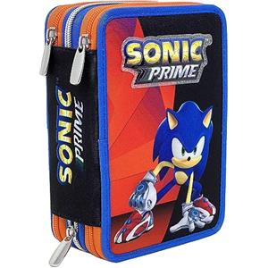 Clondo Sonic Astuccio Triplo Riempito Bambino, 43 Accessori Scuola Elementare, Inclusi Pastelli e Pennarelli, 3 Zip, 20 Centimetri, 3 Scomparti (Sonic Prime Nero)
