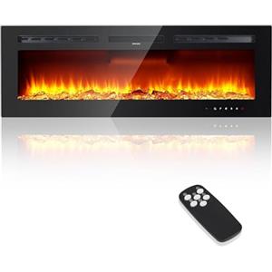 JustSmart Elettrocamino 3D Camino Elettrico 60" (152 cm) con Riscaldamento, 12 Modalità di Colore LED Effetto Fiamma, 900/1800 W, Stufa a Camino da Parete e Camino da Incasso con Montaggio a Parete