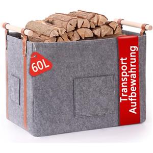 Pynhoklm® Cestino per legna da ardere, 60 l, per legna da ardere, spessore 4 mm, con manico in legno, per legna da ardere, giornali, vestiti per trasporto e conservazione