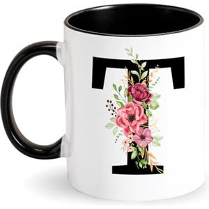 Tarklanda Tazze con Iniziale Tazza da caffè Personalizzata Tazza con Lettere e Floreale Tazza in Ceramica Nera Tazza Iniziale Regali per Donne Amici per Compleanno, San Valentino, Natale (T)