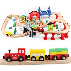 Jacootoys 80 pezzi Trenino Legno Giocattoli Pista Macchinine Ferrovia Treno Giocattolo Giochi Educativi Fienile in fattoria per bambini da 3 anni