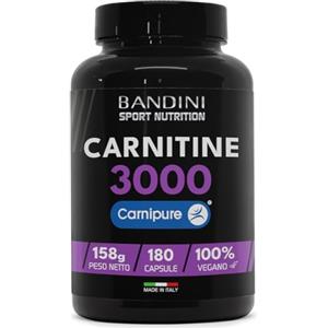 Bandini® L CARNITINA 3000, 180 capsule vegane con Carnipure® ad Alto Dosaggio, Integratore Sportivo con Tartrato di L-Carnitina, Pure Carnitine ad Alto Assorbimento e Biodisponibilità, Senza Additivi