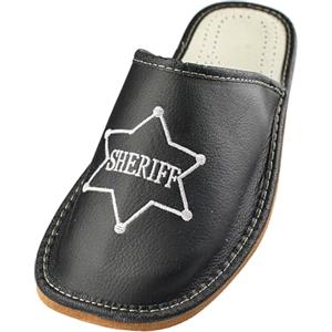 APREGGIO - Ciabatte Estive da Uomo in Pelle Liscia - Pantofole Casa Uomo - Con le dita coperte - Slip-On - Suola Piatta - Leggere - Sheriff Nerro Biaanco - Taglia 43 EU