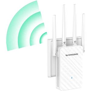 WONLINK Ripetitore WiFi - Amplificatore Segnale WiFi 1200Mbps Dual Band, 4 Antenne Esterni per Casa/Ufficio | 1 Porta Ethernet, WPS Facile Installazione | MU-MIMO, EU Plug